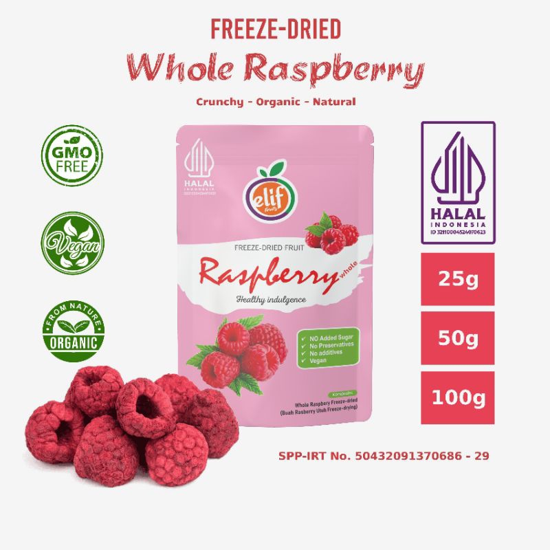 

ELIF FRUITS Freeze Dried Raspberry Whole Crisp Buah Raspberry Utuh Beku Kering