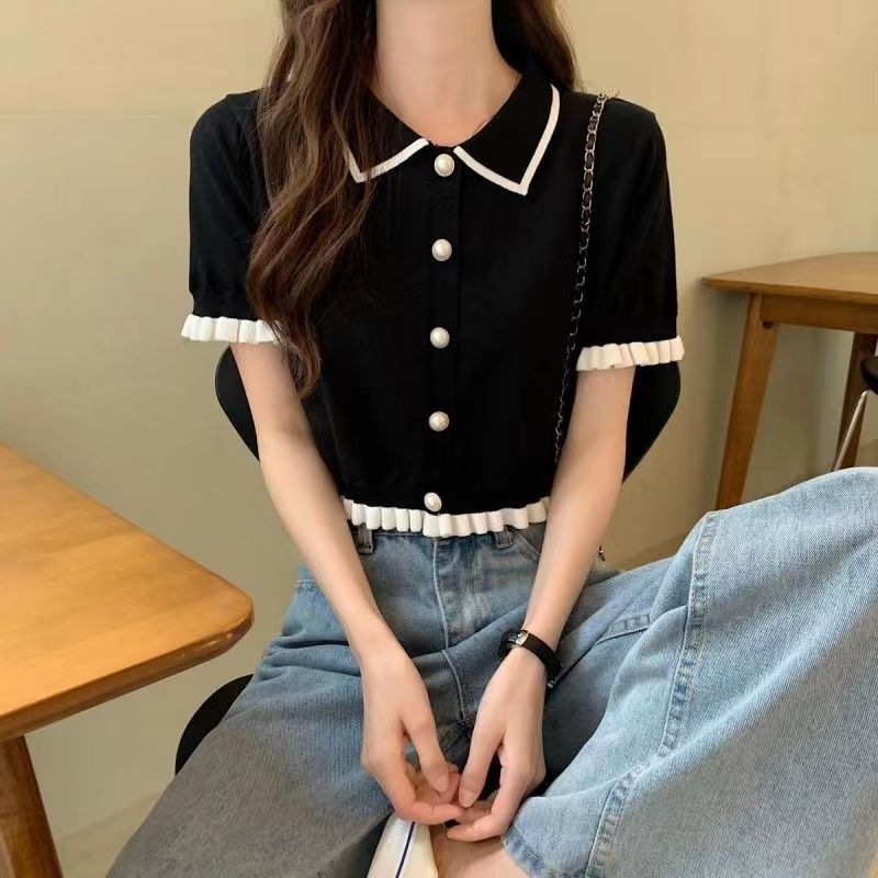 JOVELINE - ATASAN WANITA KERAH KOREA KANCING MUTIARA AAL1