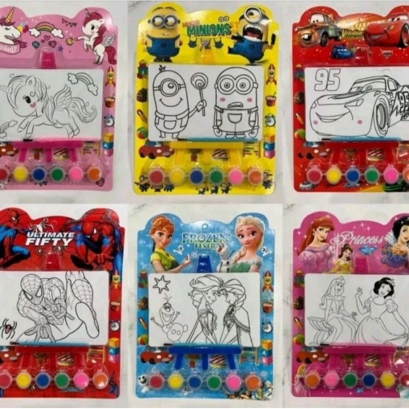 Mainan Edukasi Anak Melukis Mewarnai Papan Lukis Mini Set Stand Easel Kuas dan Cat Warna 6 Warna