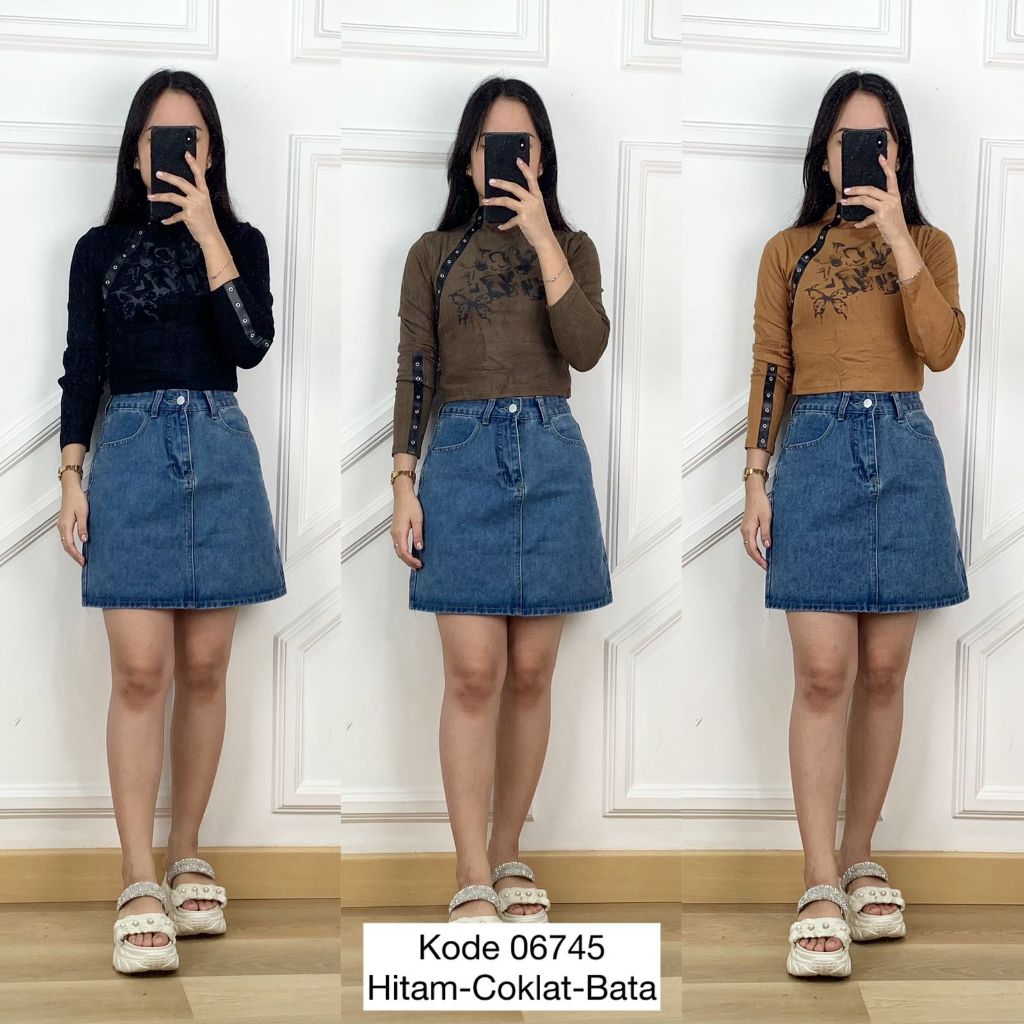 06745 BLOUSE CROP ABSTRAK VARIASI LEHER TANPA KERAH LENGAN PANJANG MIX ACC STRAP LUBANG BESI PREMIUM