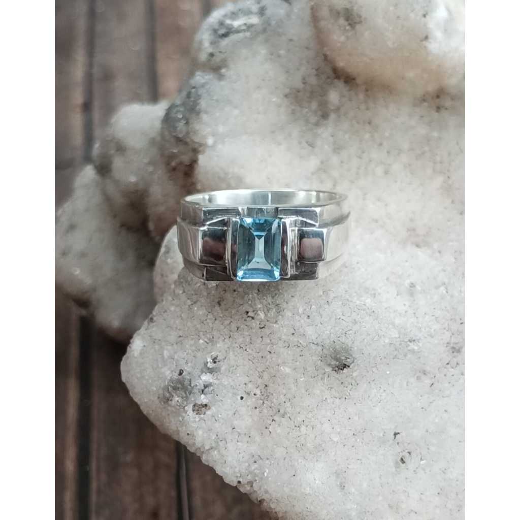 Natural Blue Topaz Octagon Ring Perak 925 Handmade