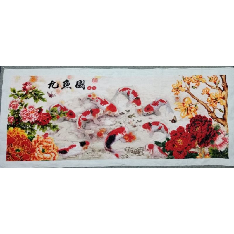 Hiasan Dinding Sulam Kristik sudah jadi tanpa bingkai Red Peony Nine Koi Fish
