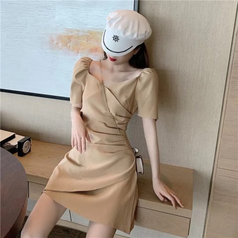 8806 Beige Dress Party Big Size Jumbo Pakaian Dress Wanita Kekinian Korean Style Pendek Sexy Elegant