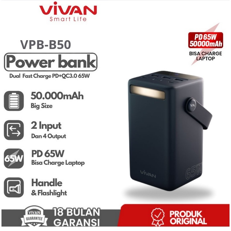 VIVAN VPB-B50 Powerbank 50000mAh 4 Output 65W PD QC 3.0 - Power Bank VIVAN VPB B50 50000 mAh Fast Ch