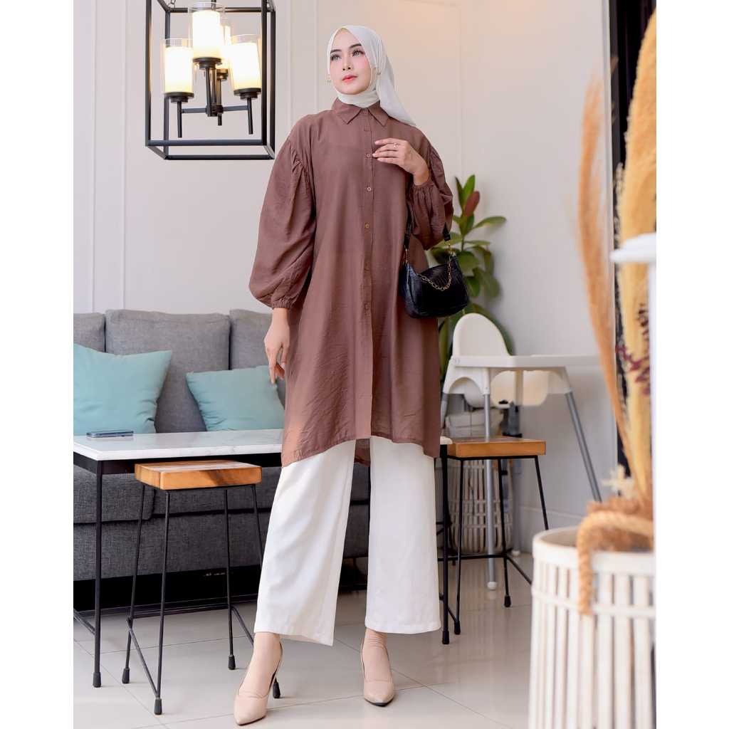 lasofie-Tunik Lengan Balon Bahan Polo linen LD 130cm bb 60-85kg