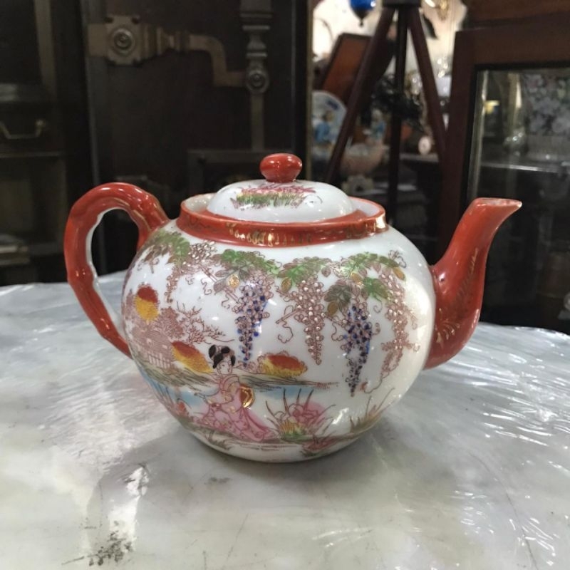 Teko Keramik Putih Jepang Motif White Orange Lawas Jadul Tua Small