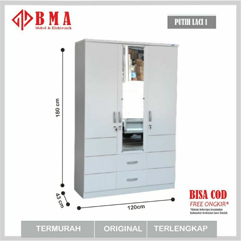 LEMARI PAKAIAN MINIMALIS 3 PINTU | LEMARI PAKAIAN MINIMALIS PUTIH MODERN  | LEMARI PAKAIAN 3 PINTU