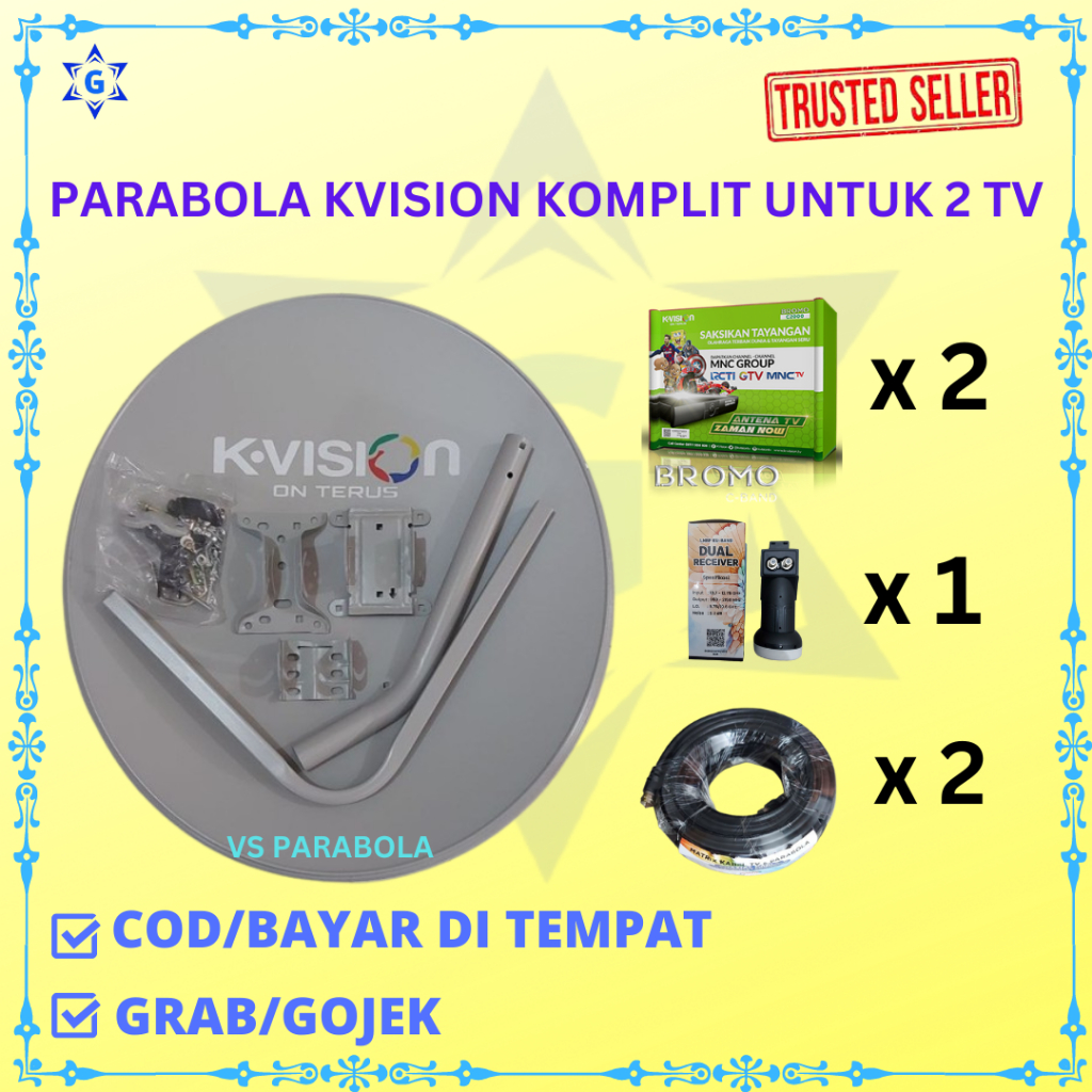 PARABOLA KVISION KUBAND KOMPLIT UNTUK 2 TV (1 BH ANTENA 1 BH LNB KU 2 OUT 2 BH RECEIVER 2 BH KABEL P