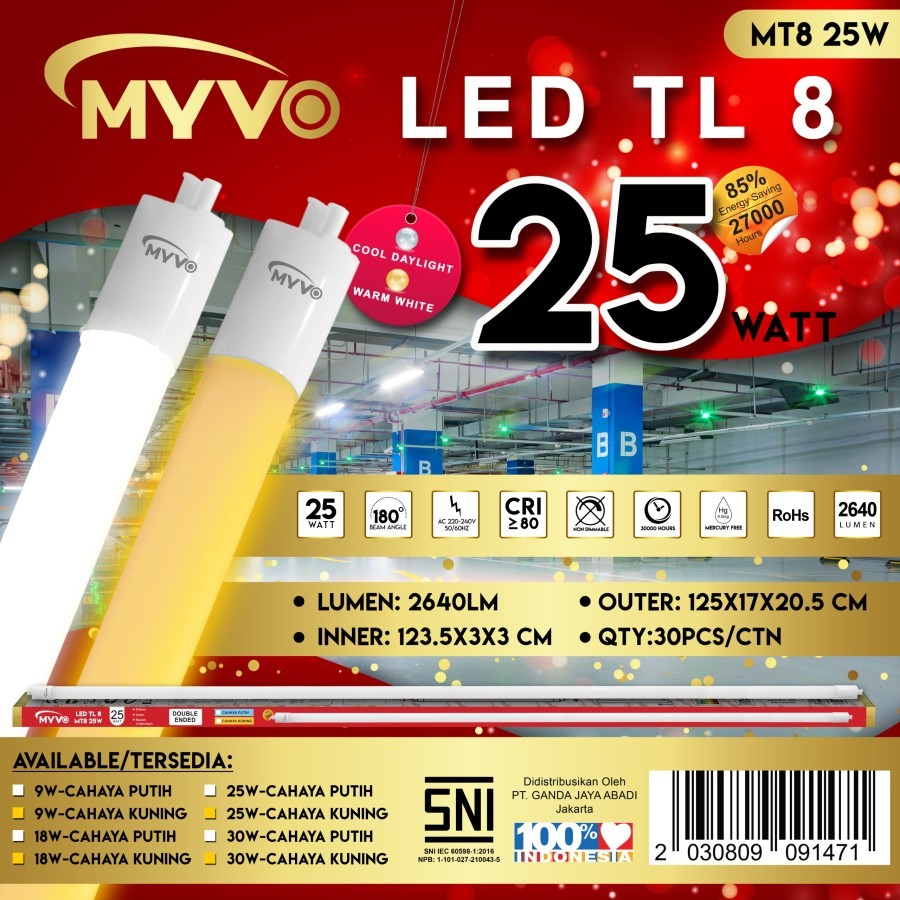 MYVO LAMPU TL T8 LED PUTIH PANJANG 120 CM 25 WATT
