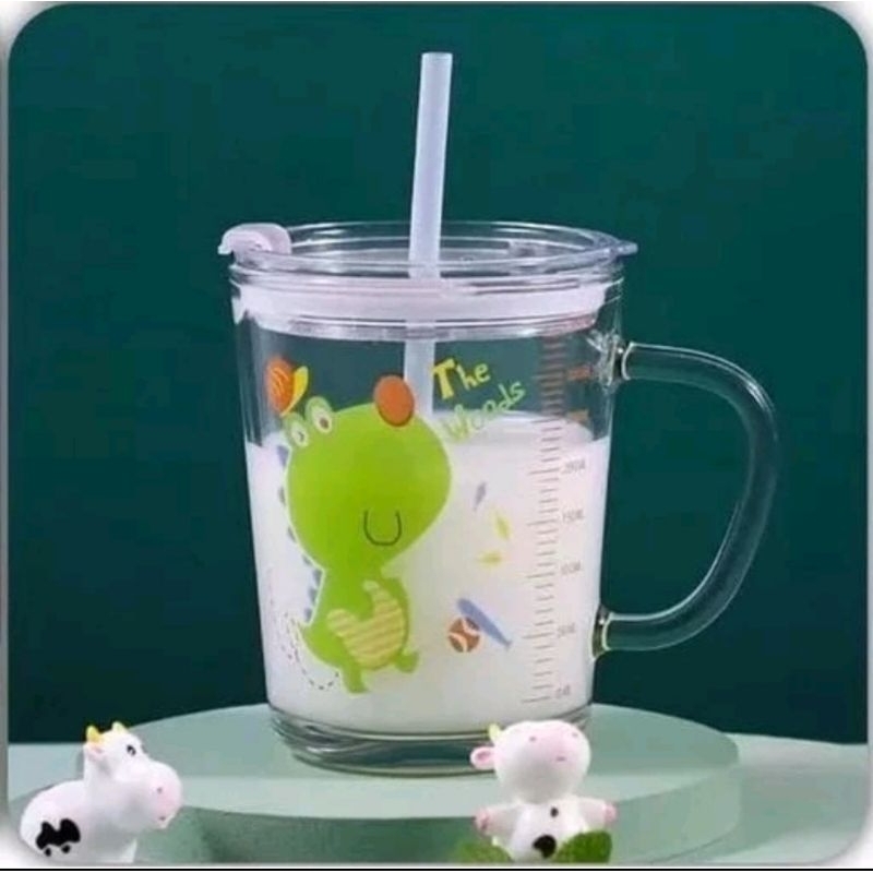 Gelas Anak Kaca + sedotan anti tumpah