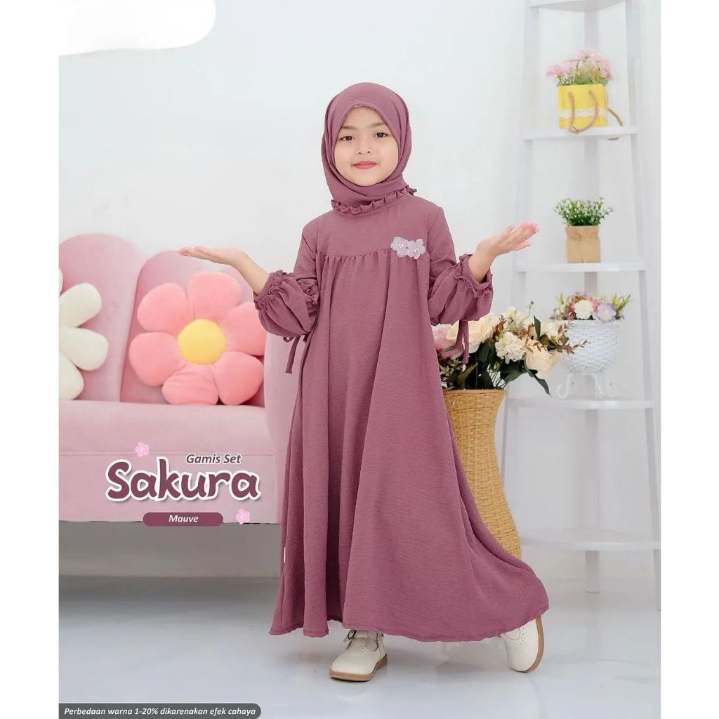 Sakura kids plus kerudung gamis muslim anak perempuan bahan cringkle airflow premium gamis polos ana