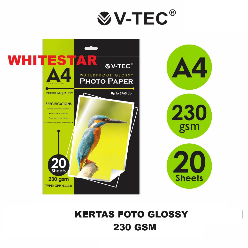 

kertas foto / photo glossy paper A4 v-tec 230 gsm 20 lembar vtec