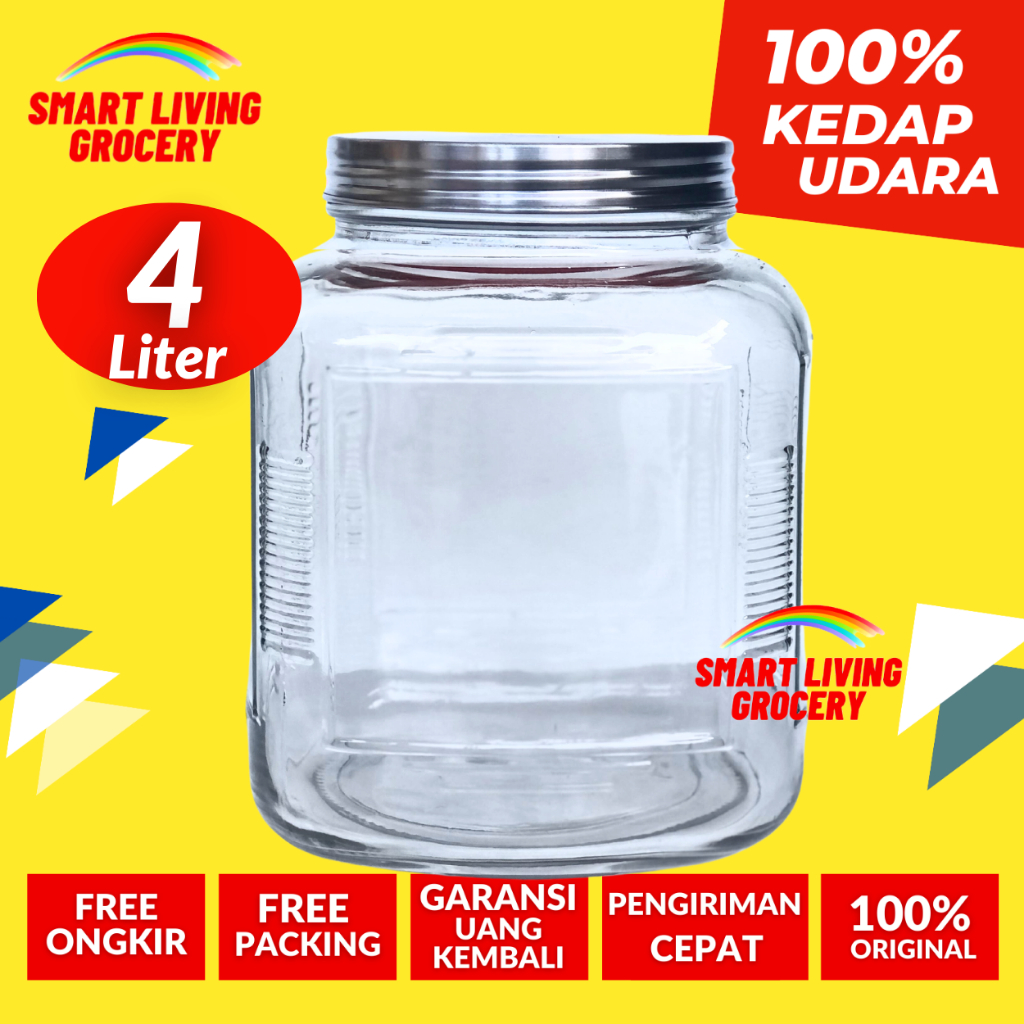 TOPLES KACA KEDAP UDARA 4 LITER TOPLES BOTOL JAR TEMPAT WADAH PENYIMPANAN KEDAP UDARA TUTUP PLASTIK 