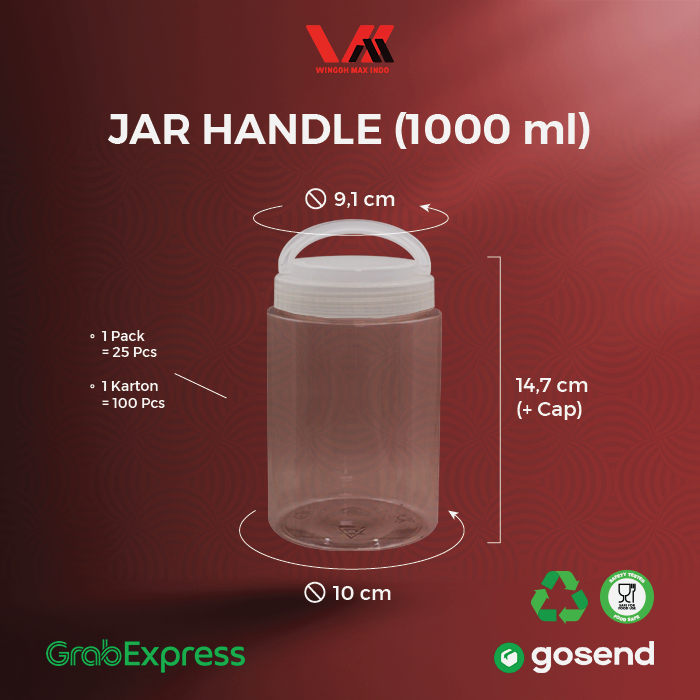 [100pcs] JAR PET 1000 ml HANDLE / TOPLES PLASTIK / TOPLES TABUNG SILINDER TUTUP HANDLE