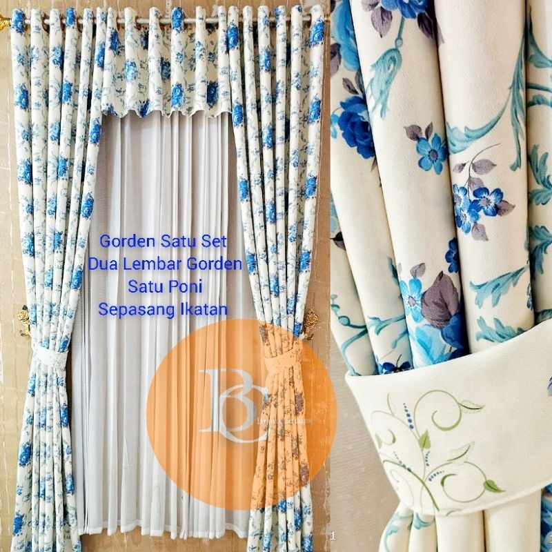 Gorden Satu Set Poni Rumbai Kristal Minimalis Bahan Blackout Shaby Biru