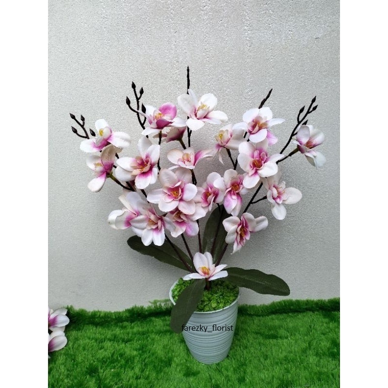 [bunga set pot] bunga anggrek artificial daun hijau cabang 5 / bunga anggrek tiruan / bunga anggrek 