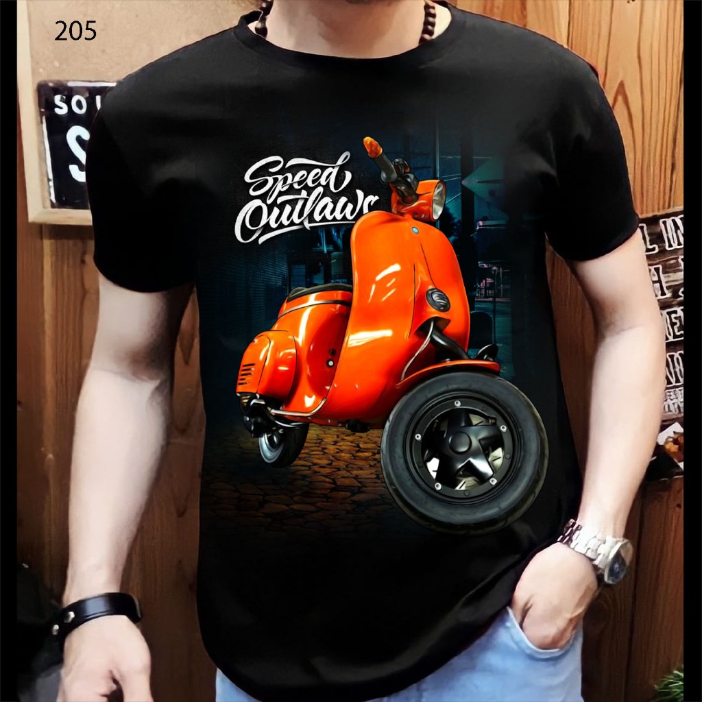 Kaos distro pria desain gambar sablon vespa oren