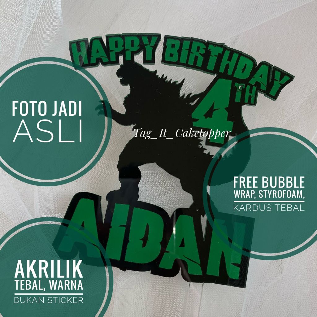 CUSTOM Godzilla Cake Topper Hiasan Tusukan Kue nama kartun dino dinosaurus Name akrilik acrylic Ulan
