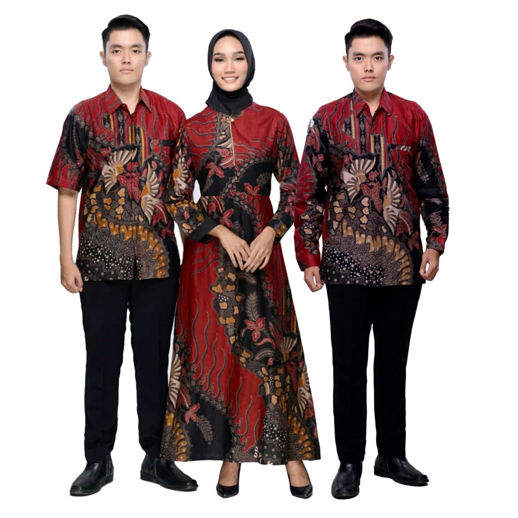 Baju Muslim Couple Gamis Kemeja Batik Vivo Merah