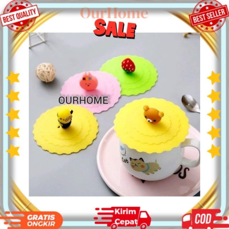 OurHome Tutup Gelas Silikon Penutup Gelas Cangkir Silikon Karakter