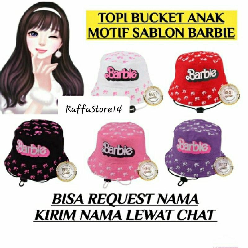 Topi Bucket Anak Perempuan Sablon Barbie Free Bordir Nama Sendiri usia 2 Sampai 5 Tahun