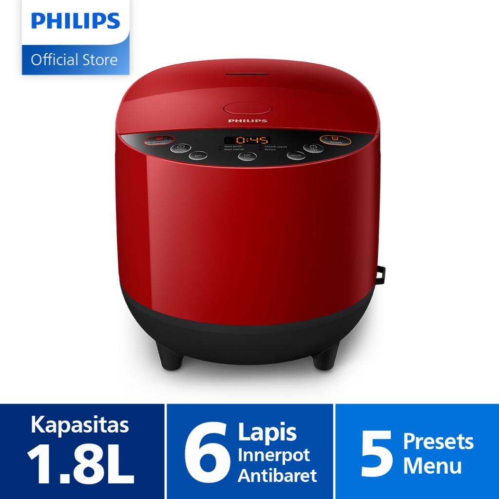 Philips 1.8L Digital Rice Cooker HD4515/29 - 400 Watt - Red, Merah, Mejikom Multi Fungsi
