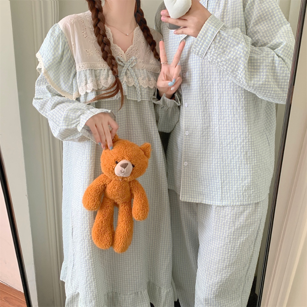 Loraine - piyama couple suami istri lengan panjang motif polos renda pria wanita setelang