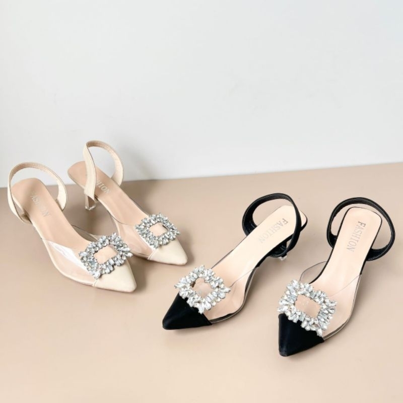 PROMO SALE Sepatu Sandal fashion heels 7 cm Black white ivory hitam putih sepatu pesta transparant