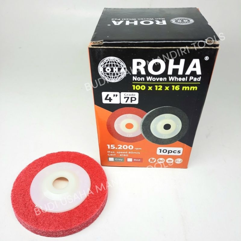 NON WOVEN WHEEL PAD - MATA GERINDA POLES 4" x 10mm GRIT 180 - RED - ROHA