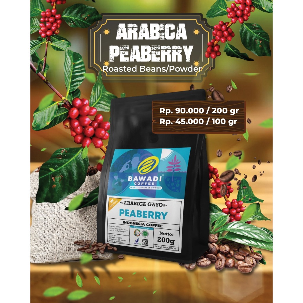 

Kopi Arabica Peaberry 200gr - Bawadi Coffee - Arabica Gayo Premium - Kopi Aceh Jantan