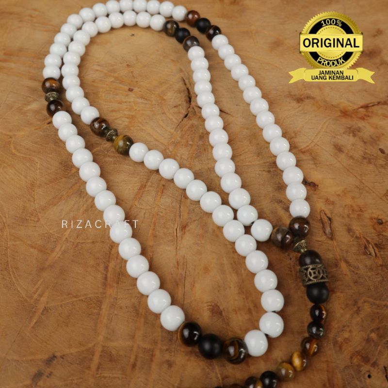Tasbih Batu Giok Putih 99 Butir Alam Akik Kristal GOLDEN WHITE JADE ASLI Mewah Kalimantan