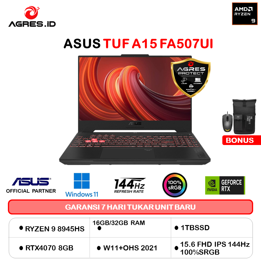 ASUS TUF A15 FA507UI RYZEN 9 8945H RTX4070 8GB/ 32GB 1TB W11+OHS+O365 15.6FHD 144HZ GRY -R947K9M-OM