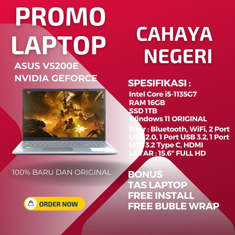 PROMO LAPTOP ASUS V5200E Intel CORE i5 Gen 11 RAM 16GB SSD 1000GB (1TB) VGA NVIDIA GEFORCE MX350 LAY