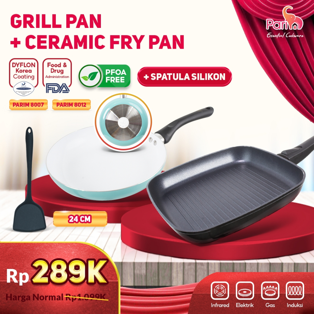 PARIM Paket Hemat alat Masak Grillpan 26cm + Frypan Anti Lengket 24cm Wajan Anti lengket