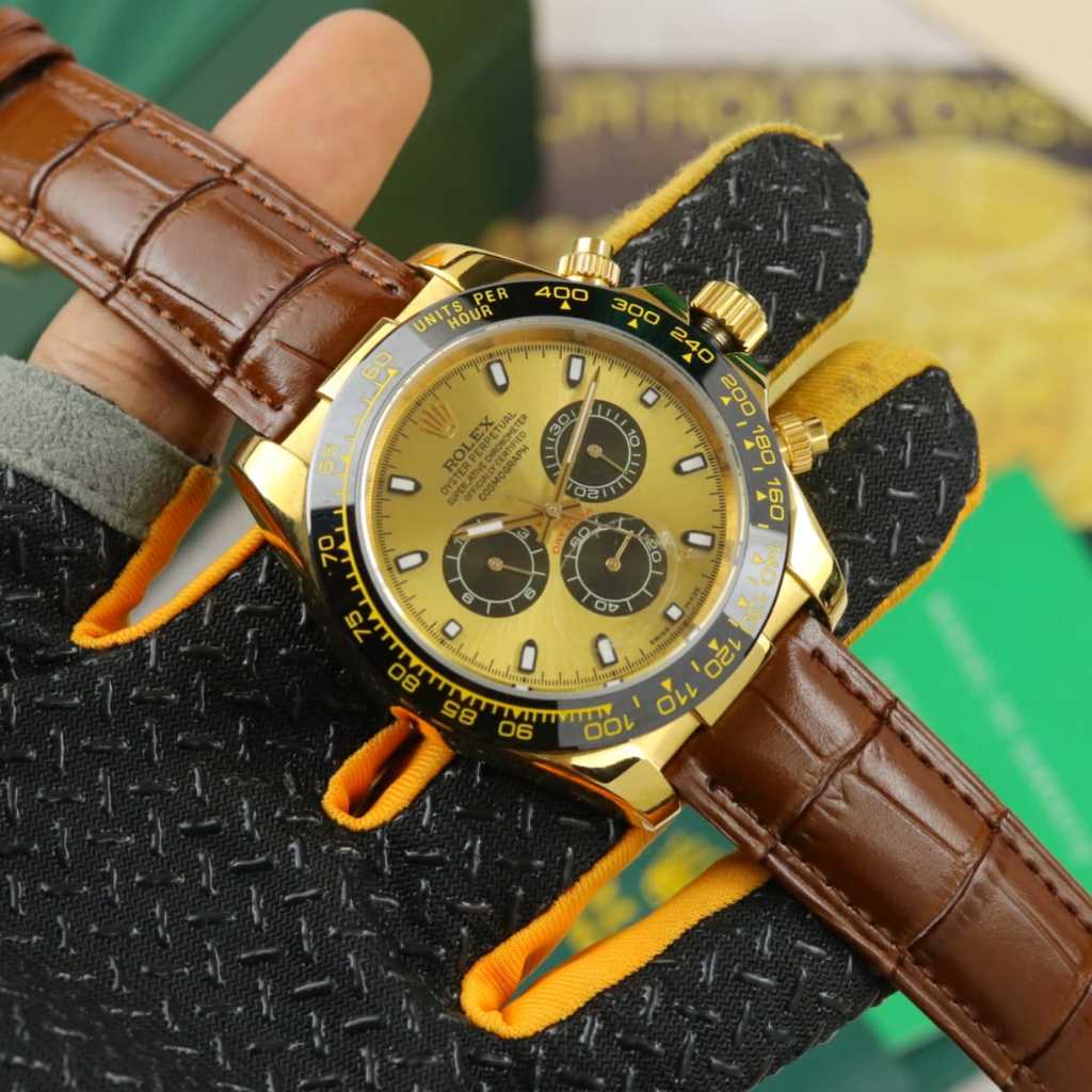 Jam Tangan Pria Rolex Daytona Japan Automatic 42mm Croco Leather Brown Dial Gold