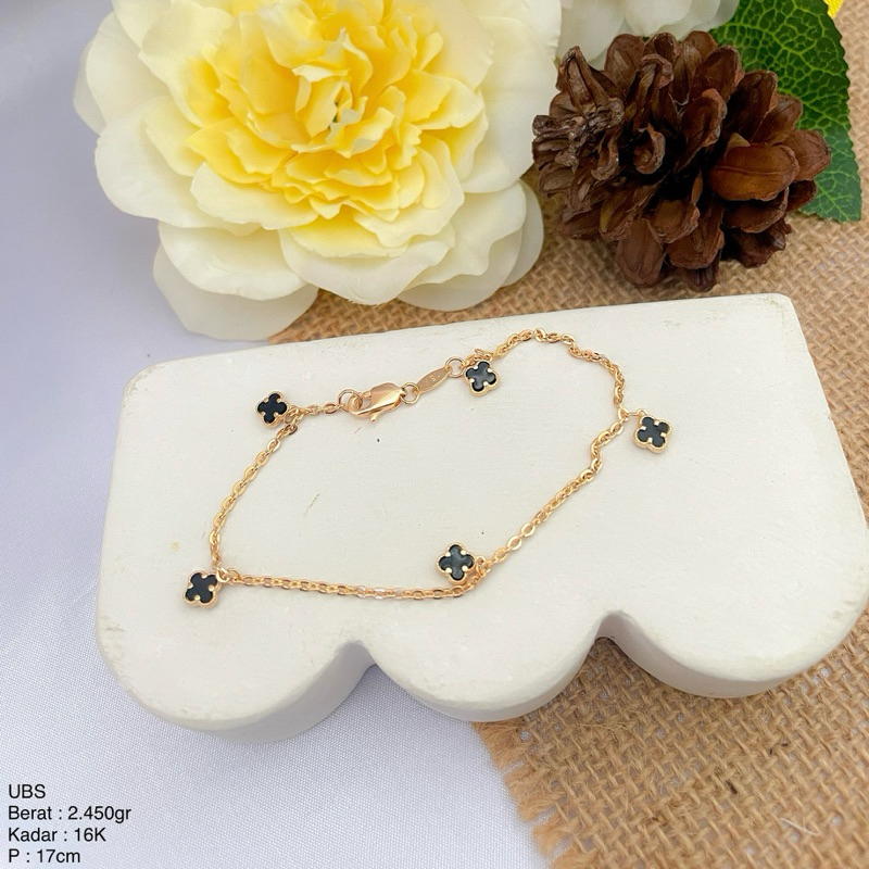 Perhiasan Gelang Emas Rantai Fancy Black Clover VanCleff LOTUS & UBS 16k / 700