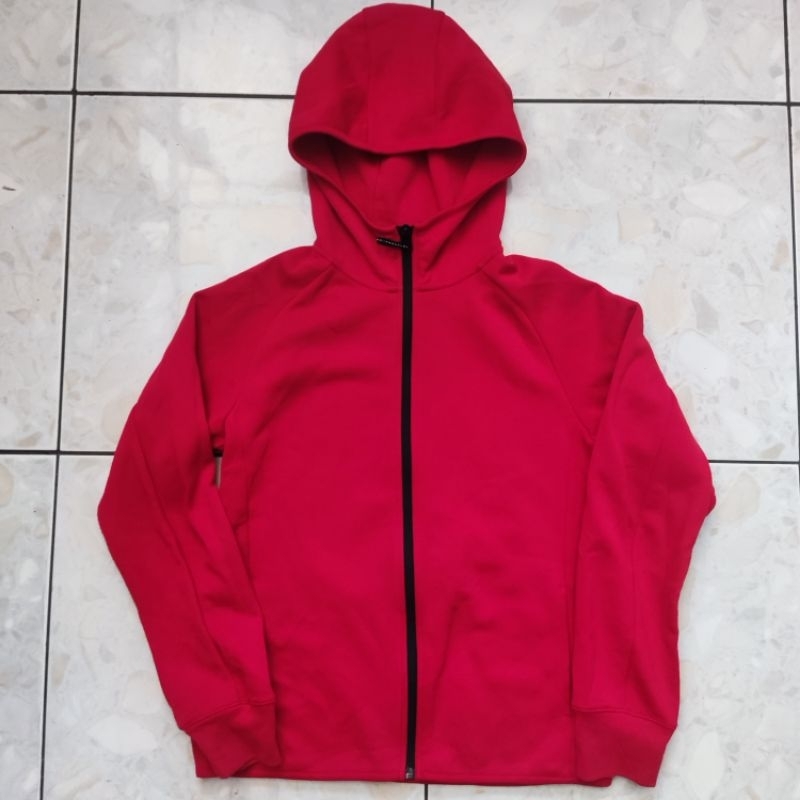Jaket varsity, merah, red, hoodie, uniqlo