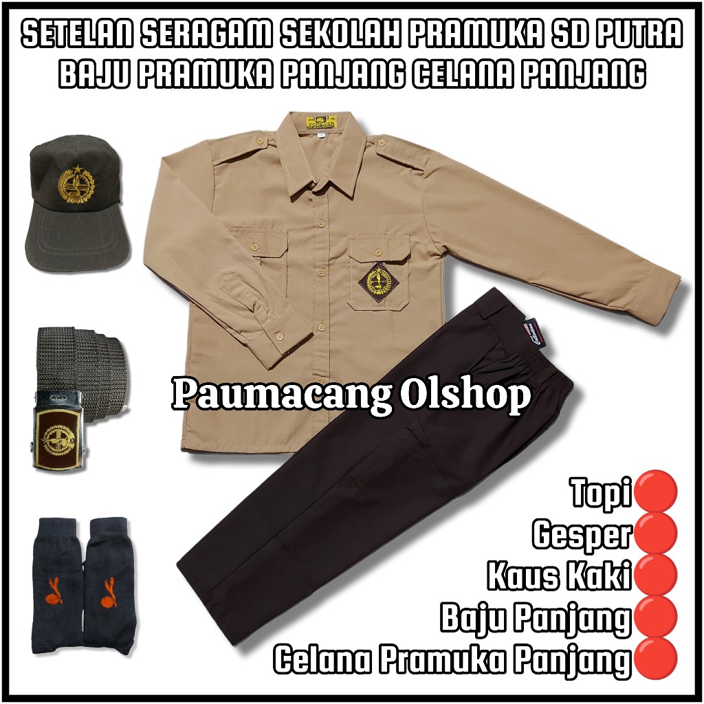 Setelan Seragam Sekolah Pramuka SD Anak Laki Laki Baju Pramuka Lengan Panjang Celana Pramuka Panjang