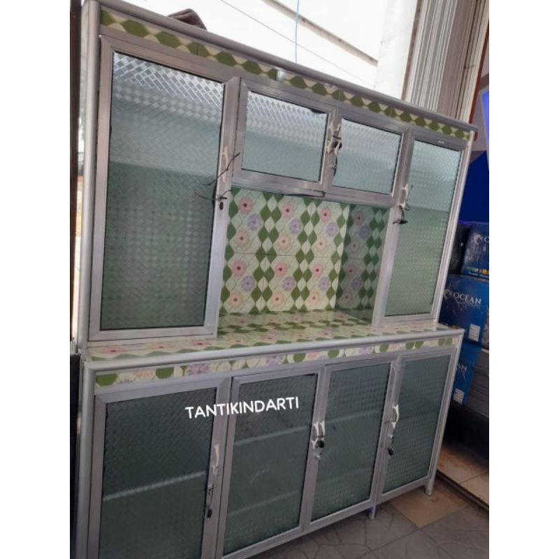 LEMARI PIRING ALUMINIUM 6 KERAMIK, 4 PINTU, TIANG SILVER