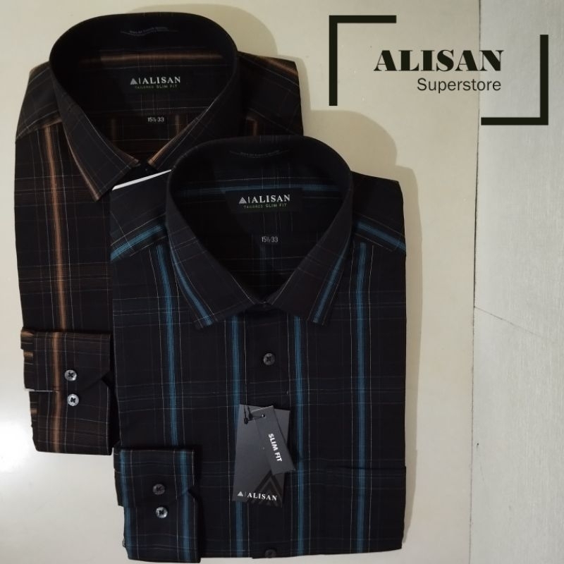 Alisan Kemeja Pria Motif Kotak Garis Coklat/Hijau Lengan Panjang Slimfit