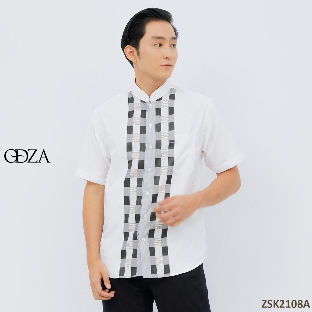 Odza Baju Kemeja Kerah Shanghai Atasan Pria Lengan Pendek Slim Fit Fadil Kotak Putih