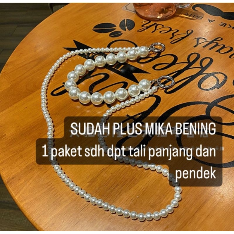 (009)Lanyard Hp Selempang & GelangTerbaru Mutiara Putih Gliter sudah plus mika bening flash sale