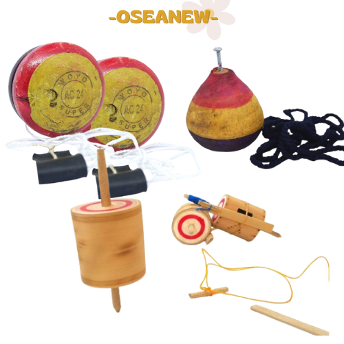 -Hemat- Bundling Mainan Tradisional Anak / Yoyo kayu / Gasing dan Kekehan Kayu Jadul / Termurah Bisa