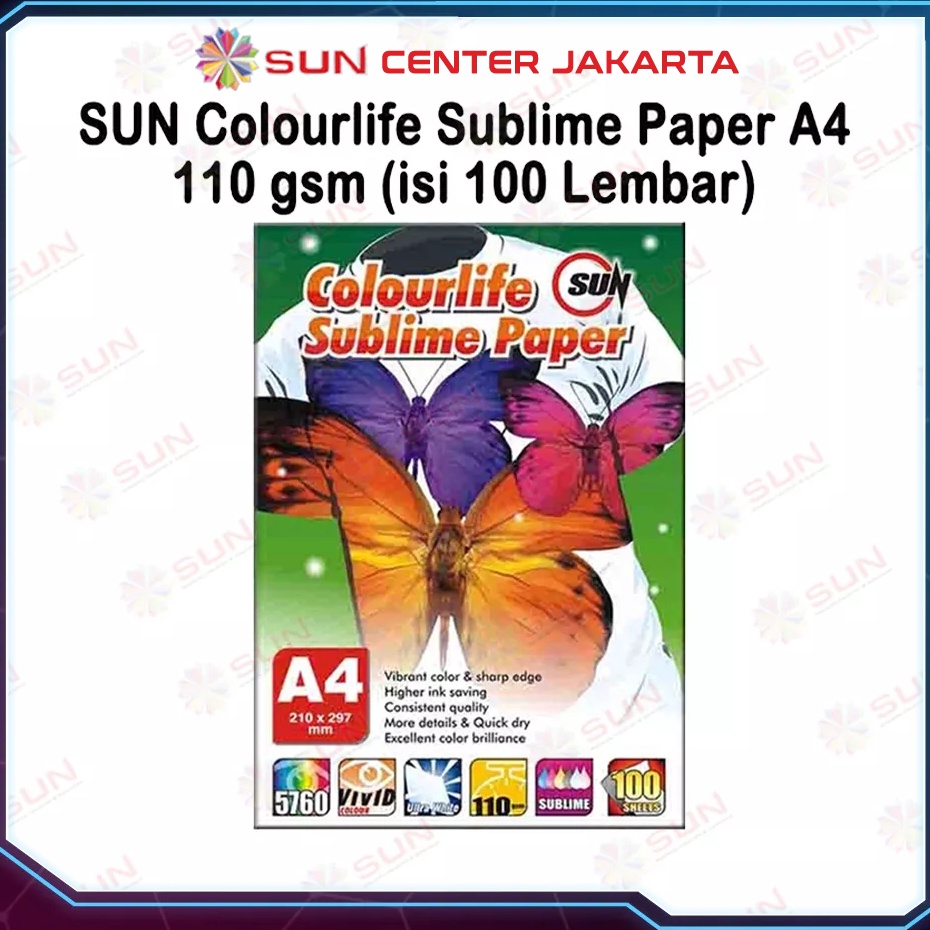 

Hadir Pilihan Kertas Sablon Sublim Transfer Paper SUN Colourlife Sublime Paper A4 isi 1 Lembar
