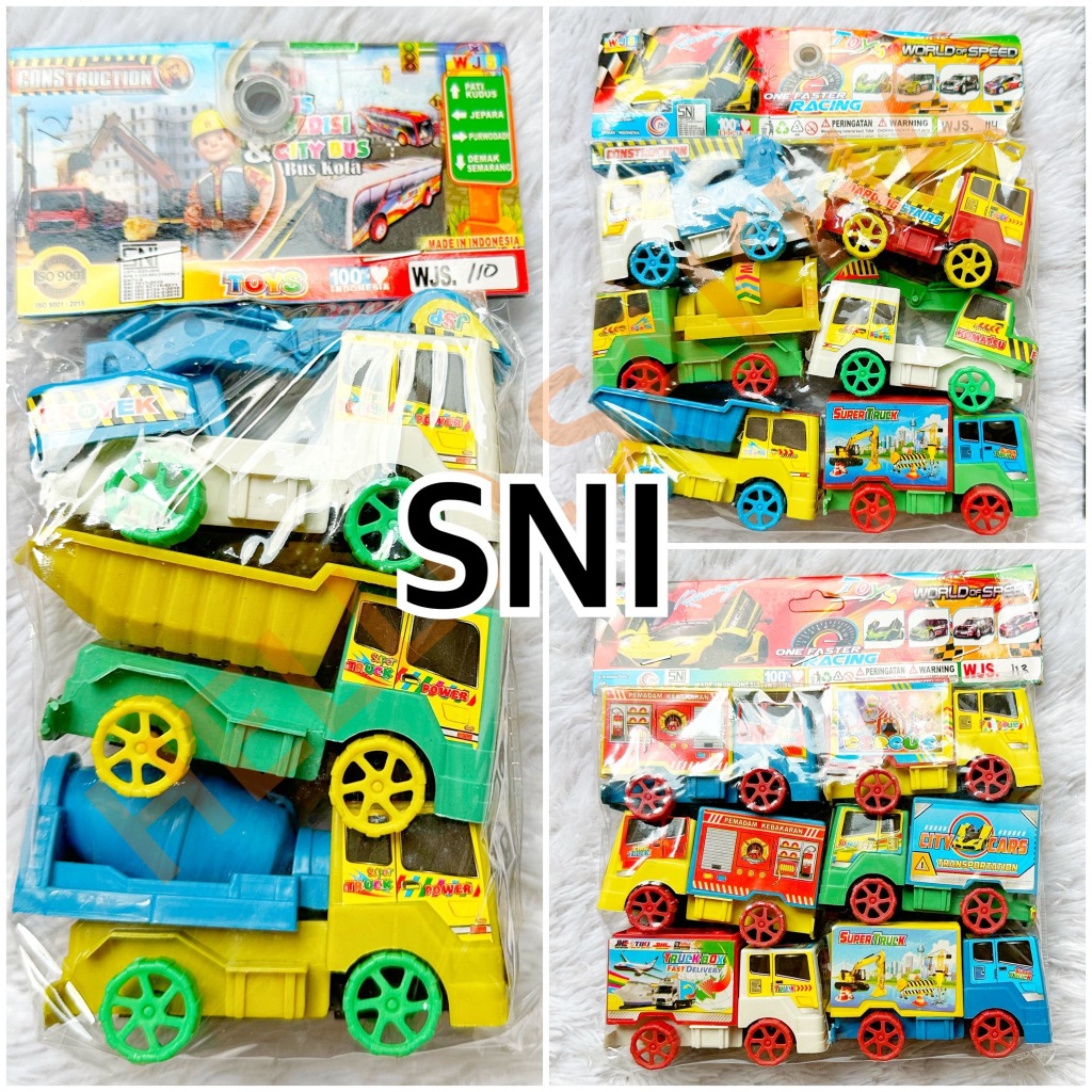 ( PRODUK BER-SNI) MAINAN TRUK KANTONG ISI 6 DAN 3 PCS KONSTRUKSI WJS 113 114 110 TRUCK CONSTRUCTION 