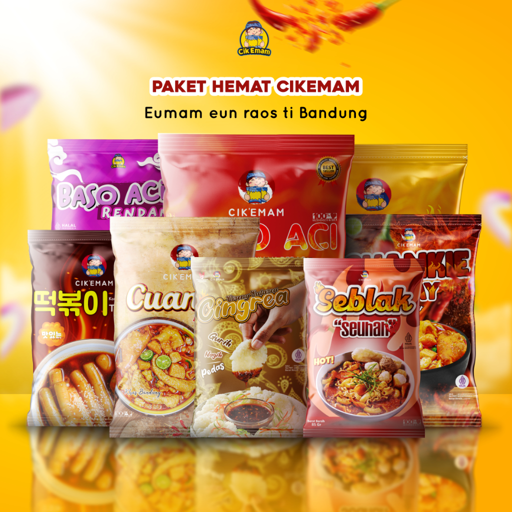 

Cik'Emam - Paket Hemat Cikemam ( Cuankie Burahay, Cuankie Bandoeng, Baso Aci, Rabokki, Topokki, Seblak, Cingrea ) [ + Boci Rendang ]