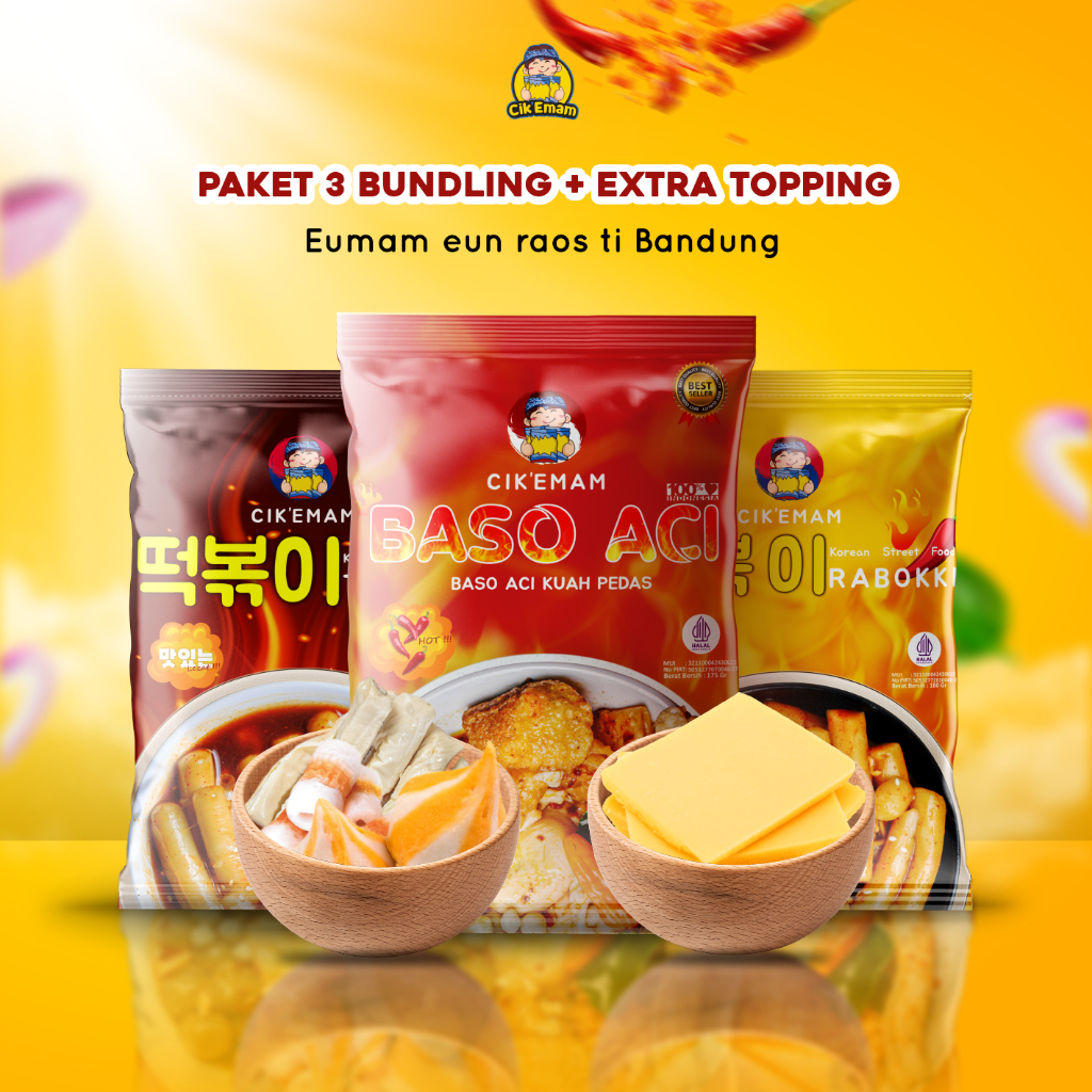 

Cik'Emam- Paket Bundling 3 + Keju atau Xtra Topping ( Rabokki, Topokki & Baso Aci ) Cikemam