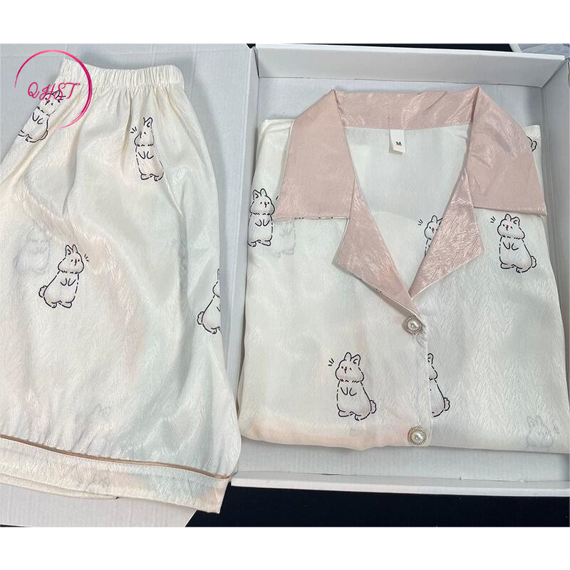 QHST Piyama Wanita Set Bunga Satin Kelinci Putih Pola Wanita Import | Pajamas Wanita | Baju Tidur Wa