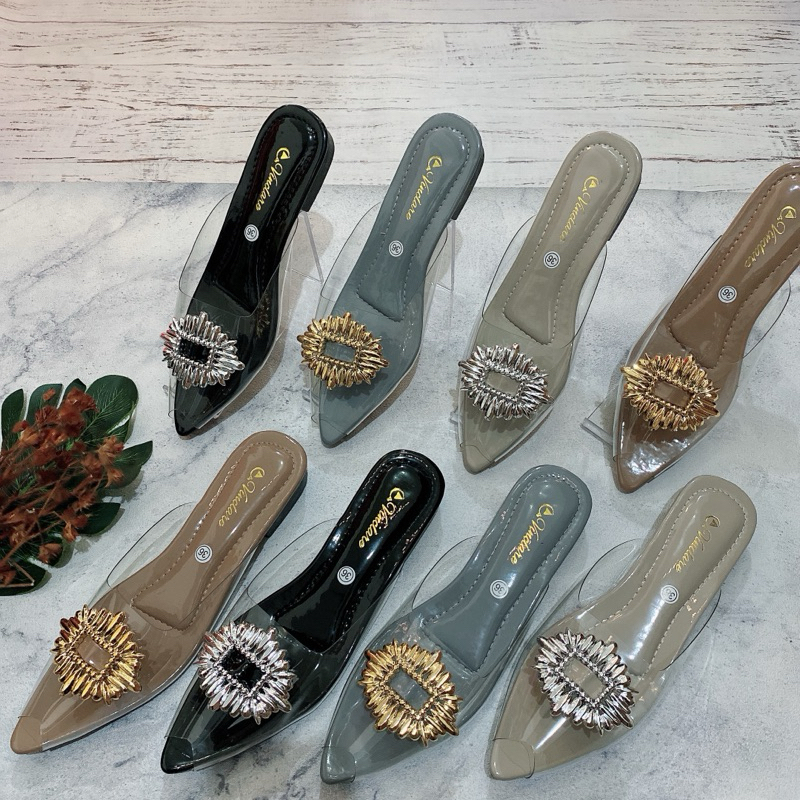 Sandal mules transparan, /sandal mika mules, mewah kekinian.