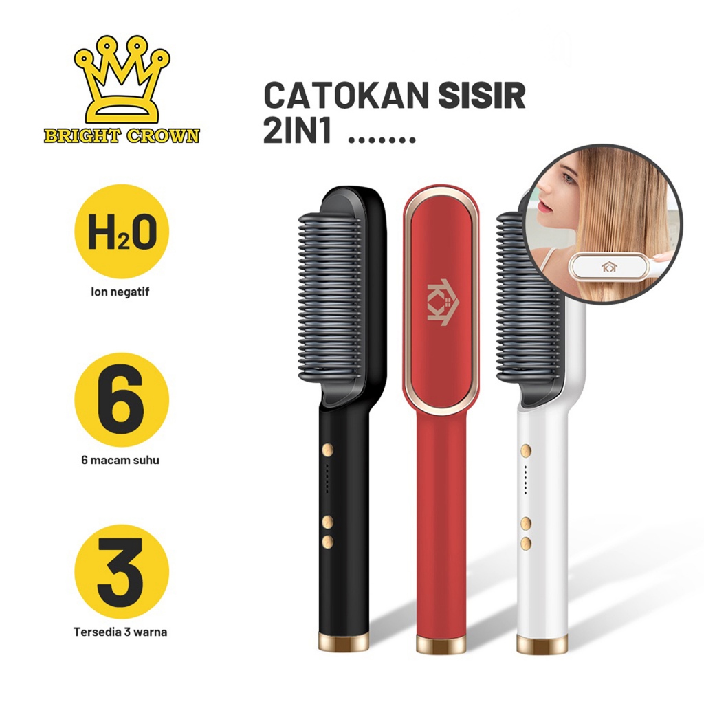 Bright Crown Catokan Sisir Listrik Professional /Catok Sisir Pelurus Rambut Hair Straightener Curler 2 in 1